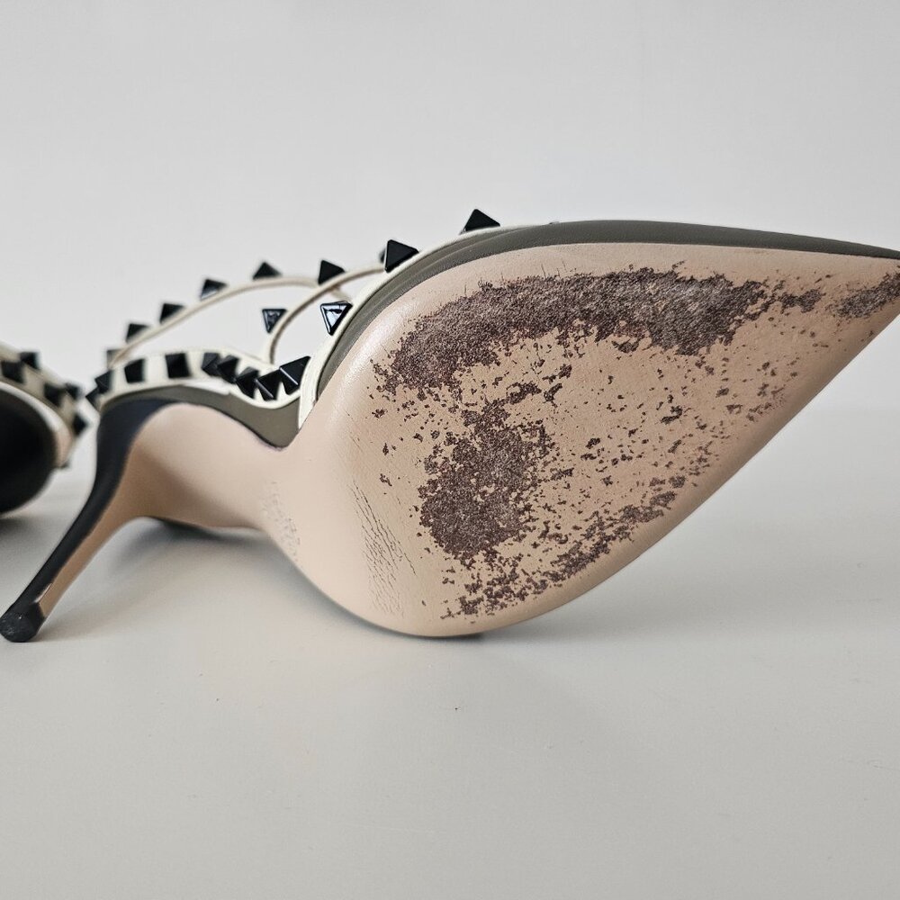 AUTH VALENTINO GARAVANI Rockstud Taupe Green Ankle Strap Shoe Heels 36/6, 100mm - Picture 12 of 15